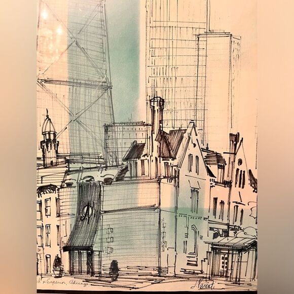 Rush & Superior Chicago Watercolor Art Print - J. Parenti Signed Cityscape - Picture 4 of 6